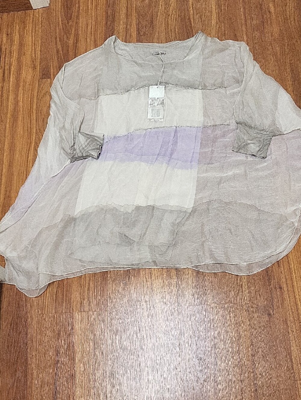 Sheer Striped Tunic Top in Gray, White & Lavender Silk And Flowy. Made In Italy